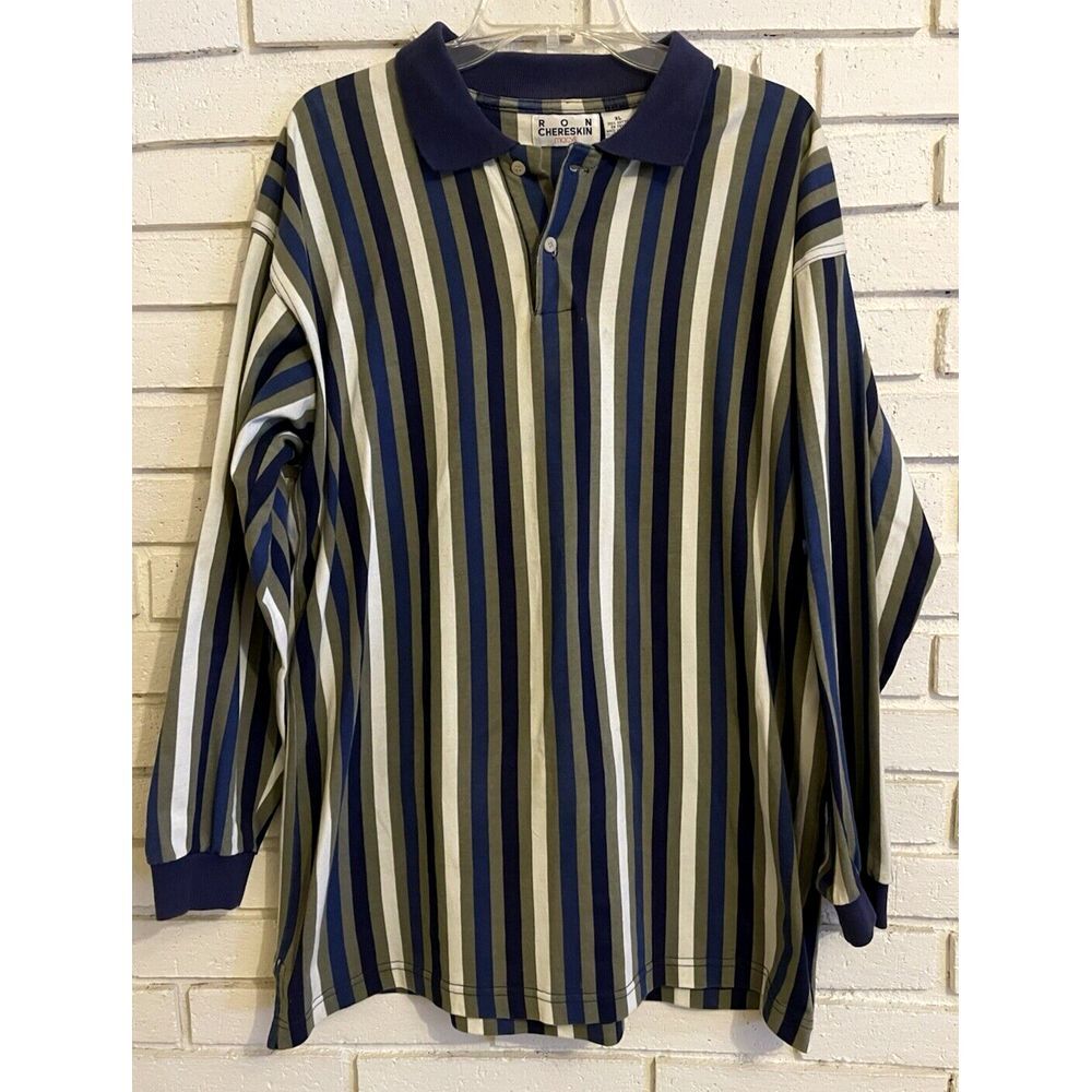 Ron Chereskin- Mens Long Sleeve Striped Polo Shirt-Size XL‎ Blue Green White
